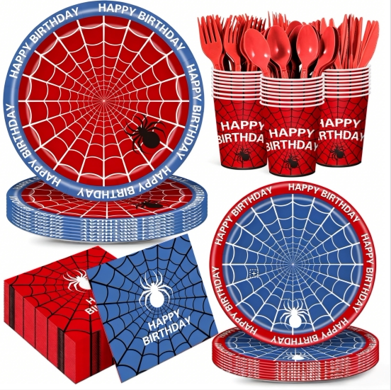 Red and Blue Spider-Man Themed Birthday Party Disposable Paper Plates, Tablecloths, Napkins, Tableware Set, Decoration and Arrangement Supplies