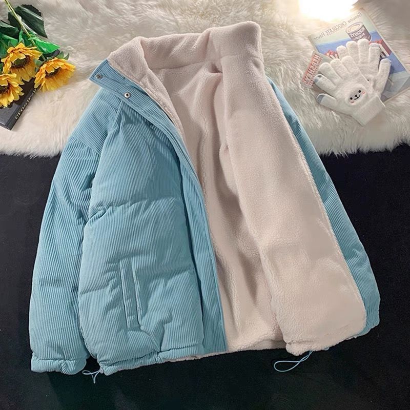 Lamb Wool Coat for Women, Winter down Jacket, Plus Size, Corduroy Reversible Cotton Coat, Warm Puffer Jacket, Korean Style
