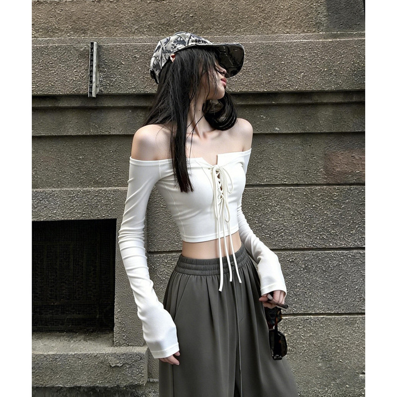 Spicy Girl Off-Shoulder Tie-Up Crop Top Long-Sleeve T-Shirt for Women, New Spring Style, Can Be Worn as an Inner Layer or Outerwear, Super Flattering Short Top