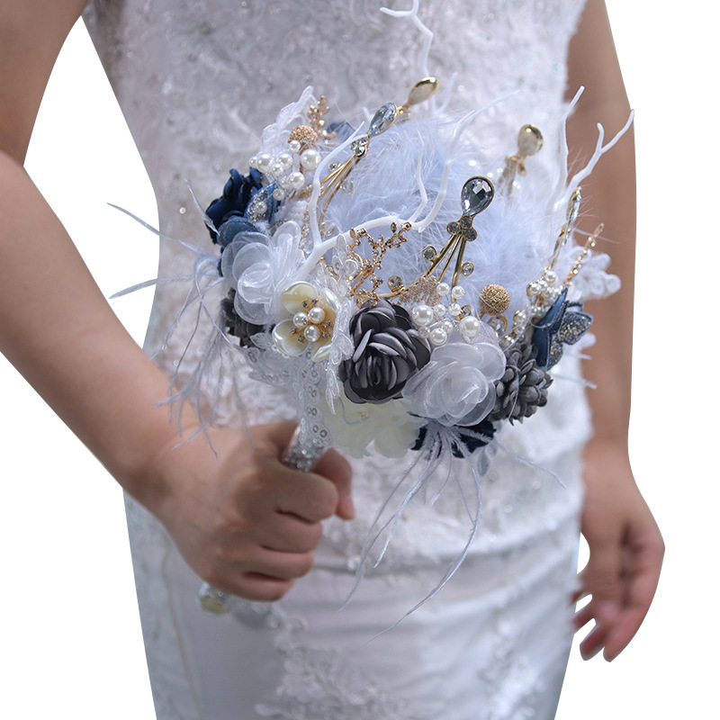 Hand held flower feather flower sceptre crown bouquet pearl crystal diamond European-style embroidered ball for bride wedding gift