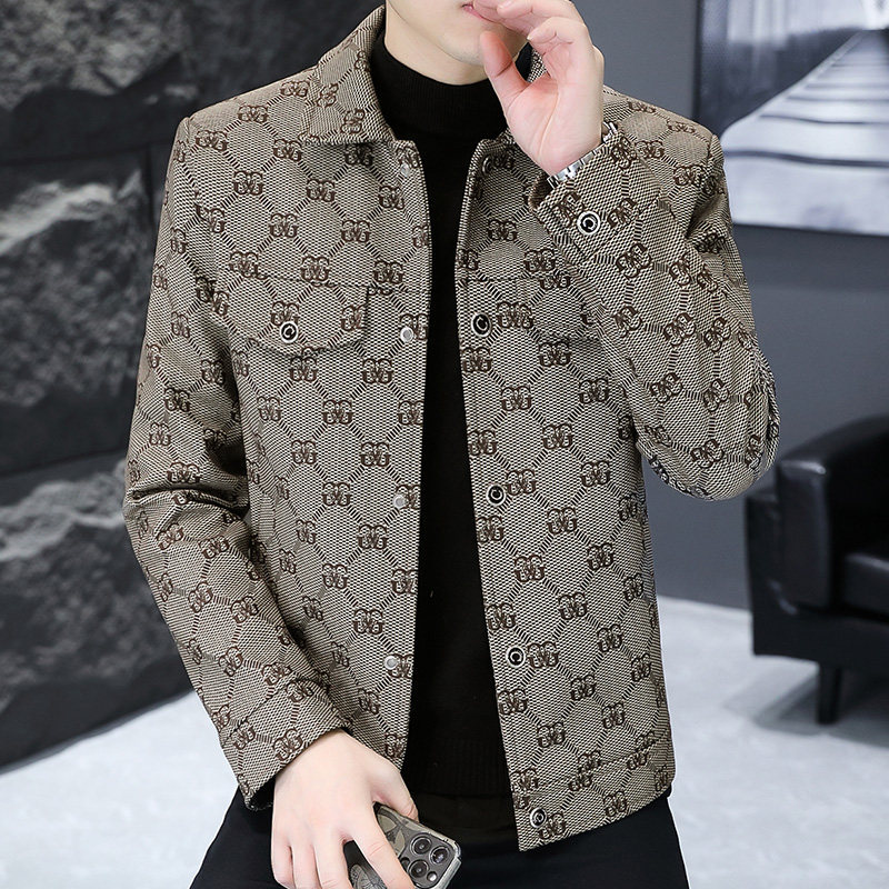 Men's Lapel Jacket for Spring and Autumn, Trendy Slim-Fit Printed Short Trench Coat, High-End Casual Woolen Jacket for Men