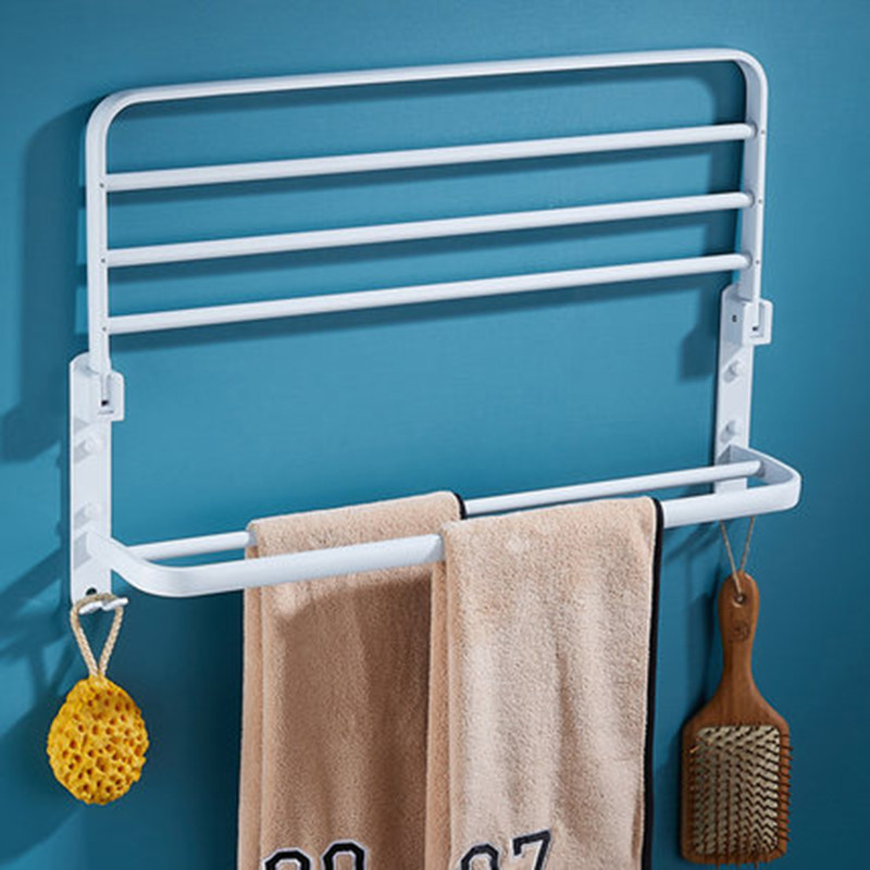 Towel Rack Space Aluminum White Free Punch Makeup Room Bathroom Shelterfold Bath Towels Rack Double-Lever Towels