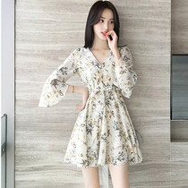 Korean floral chiffon dress women 2021 new French niche v-neck small man thin a-line skirt short skirt summer