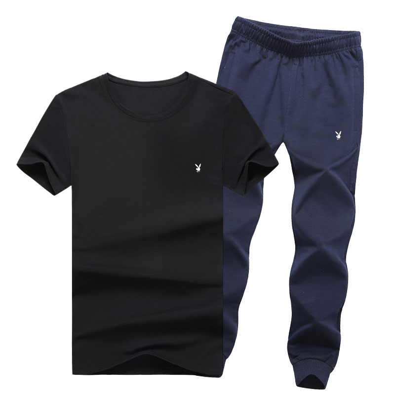 Playboy Mùa Hè Nam Thể Thao Đặt Vòng Cổ Bông Ngắn Tay Áo T-Shirt Quần Casual Chạy Kích Thước Lớn Bộ bộ quần áo thể thao nam