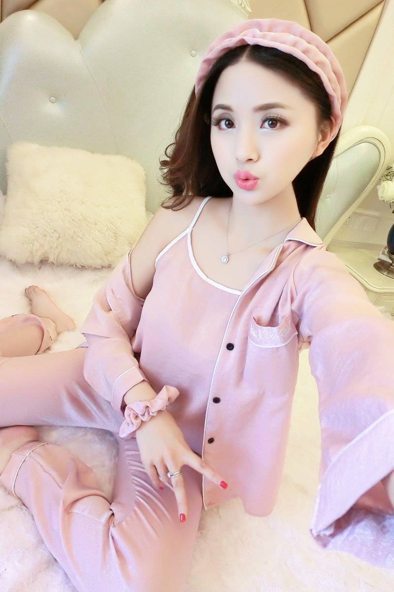 Đồ ngủ phụ nữ mùa xuân và mùa thu dài tay băng lụa bảy mảnh mùa hè quần short mỏng phù hợp với voan lụa sexy 7 dịch vụ nhà