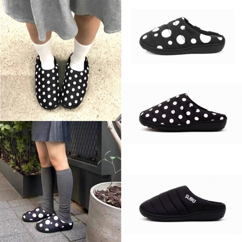 Korean Genuine Subu Comfortable Fleece-Lined Warm Cotton Slippers, Jennie Style Slip-On Polka Dot Closed-Toe Slippers