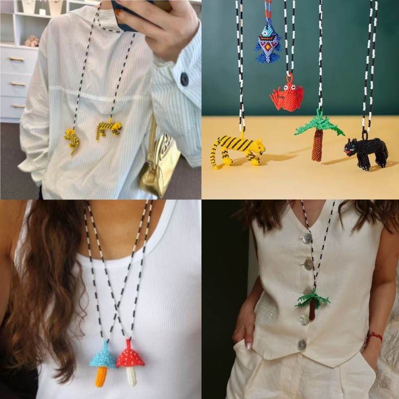 Colombian Pajara Pinta Mushroom Coconut Tree Leopard Tiger Fish Beaded Long Necklace Sweater Chain