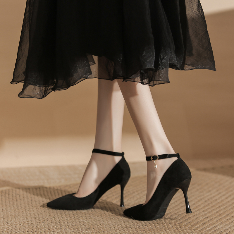 2026 New Black Pointed Toe Stiletto High Heels for Women, Plus Size, Widened, with Ankle Strap, Shallow Mouth, Single Shoes for Commuting