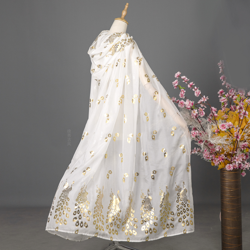Ancient-Style Cape, Hanfu Outerwear, Sun-Protective, Large-Swing Skirt, Thin Summer Gold-Stamped Chiffon Peacock Shawl, White