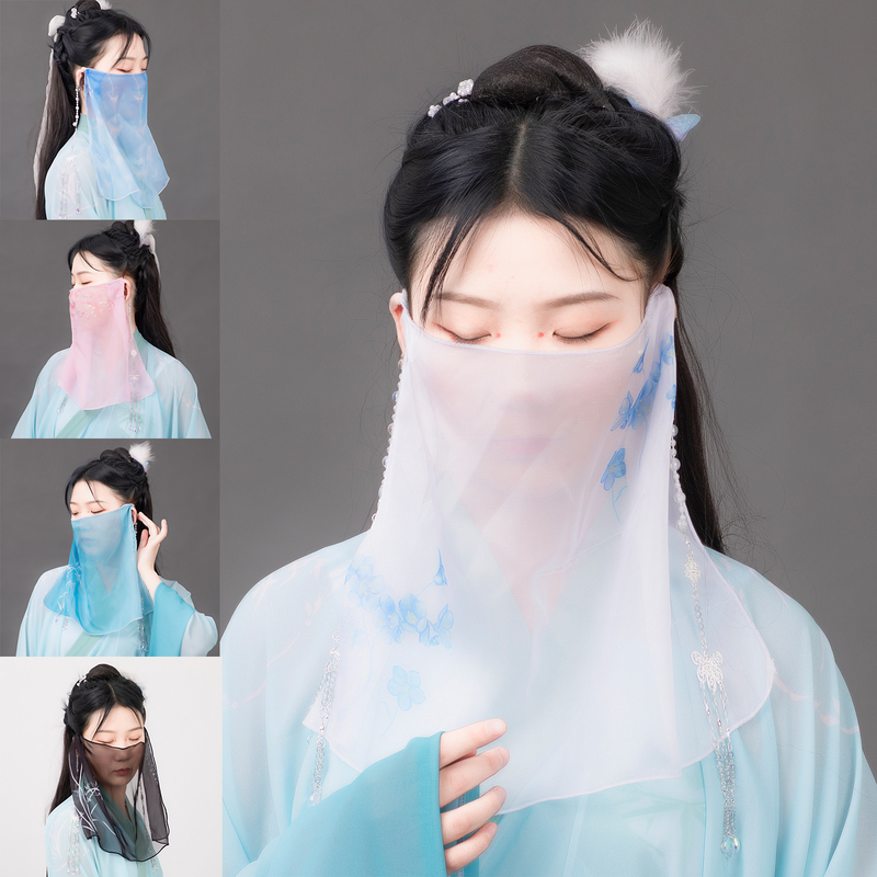 Ancient-Style Printed Veil, Bead Curtain, Face Covering, Flowing Semi-Transparent Hanfu Accessory, Face-Covering Headwear, Sun Protection, Fairy-Like