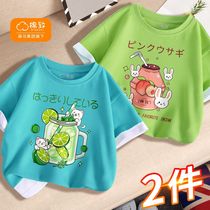 Balabala cotton to girl girl summer dress ocean gas tide child short sleeve summer pure cotton fake two little girl t-shirt