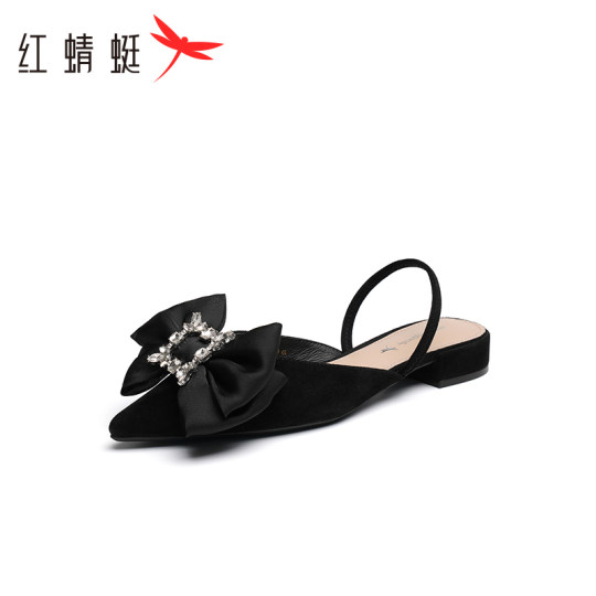 Red Dragonfly Slip-on Slippers Spring and Summer New Women's Shoes Pointed Toe Bow Casual Slippers Versatile Flat Shoes