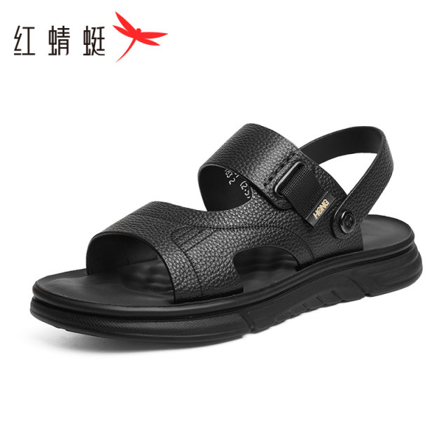 Red Dragonfly Men's Sandals 2024 Summer New ຫນັງແທ້ພໍ່ອາຍຸກາງແລະຜູ້ສູງອາຍຸໃສ່ເກີບບາດເຈັບແລະເກີບເກີບຫາດຊາຍ