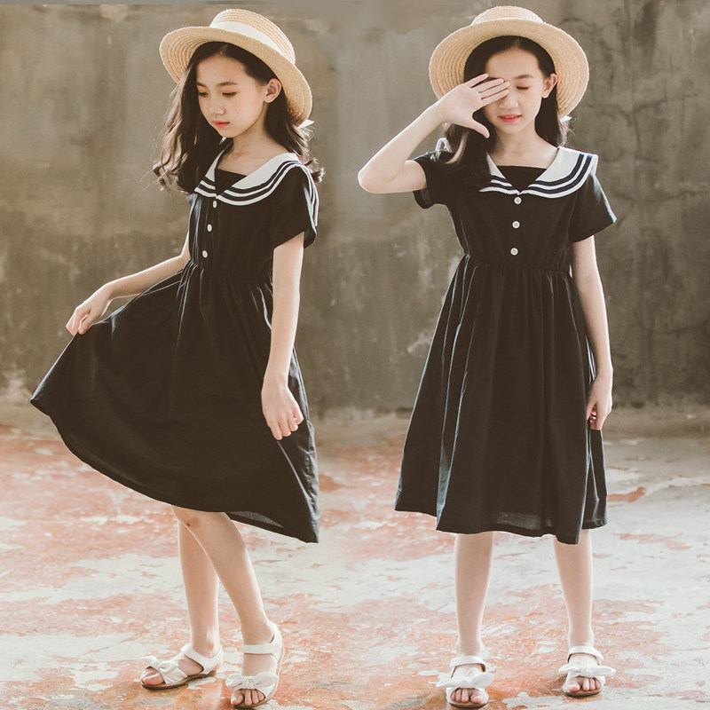 Girl Navy Wind dress Summer CUHK Scout 12-15-year-old girl Black Body Slim Fit in a Knee Mid-Length Dress