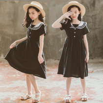 Girl Navy Wind dress Summer CUHK Boy 12-15-year-old girl black Skinder with slim overskirt in a long skirt