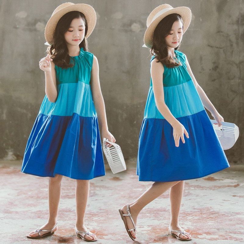 Girls blue dress summer in the big boy 2022 new child shade clad princess skirt in summer