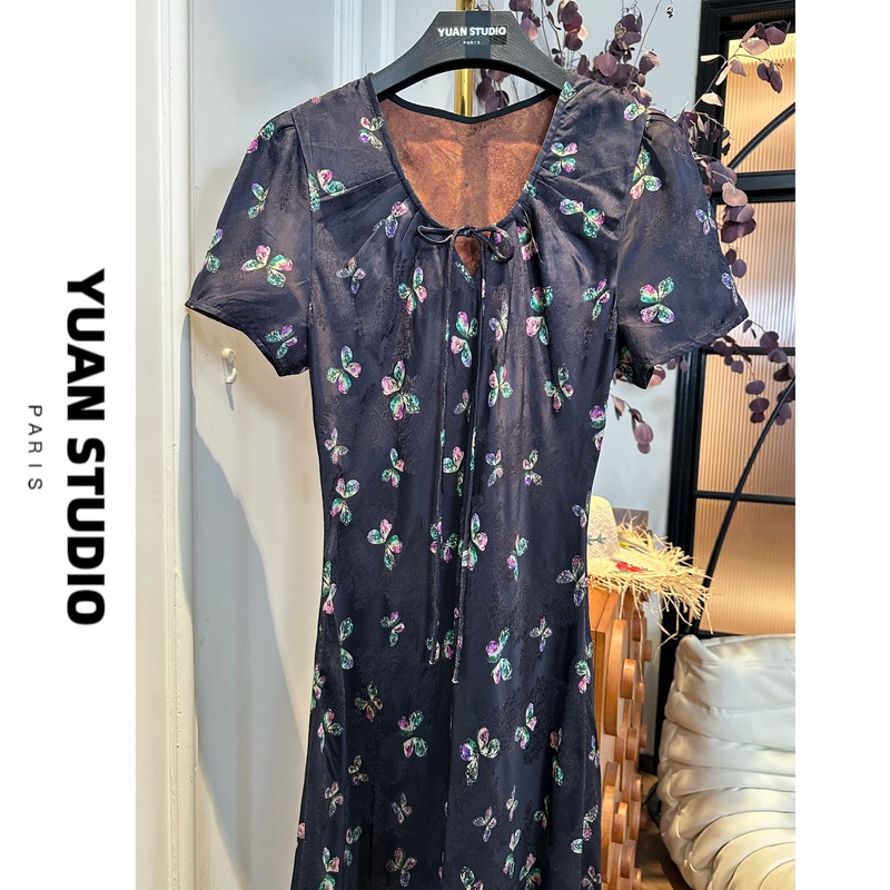【Chanson Butterfly Shadow】New Summer Style Rayon Silk Chiffon Dress with French Bias Cut, Vintage Elegance, Waist-Cinching, and Slimming Effect