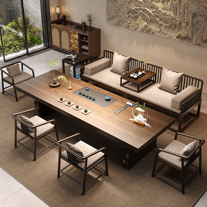 Luohan Bed, Tea Table and Chair Set, Light Luxury, Modern and High-End Feel, Office 2026 New Model, Solid Wood Large Board Tea Table Integrated