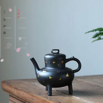  Moon shadow sand Yixing Purple sand pot handmade black mud sprinkling gold 24k real gold three-legged stove ding household teapot