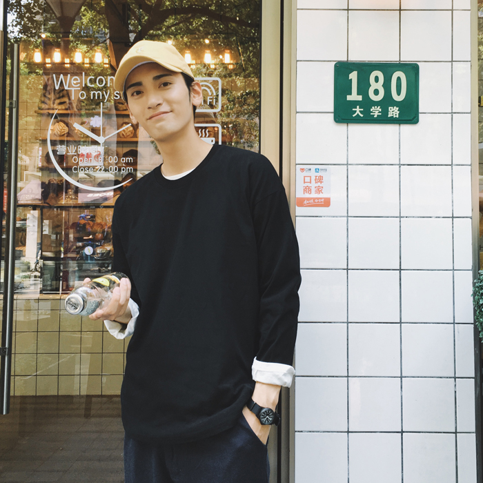 基本款~欧美2017新款男士长袖T恤打底衫韩版情侣班服秋季宽松tee