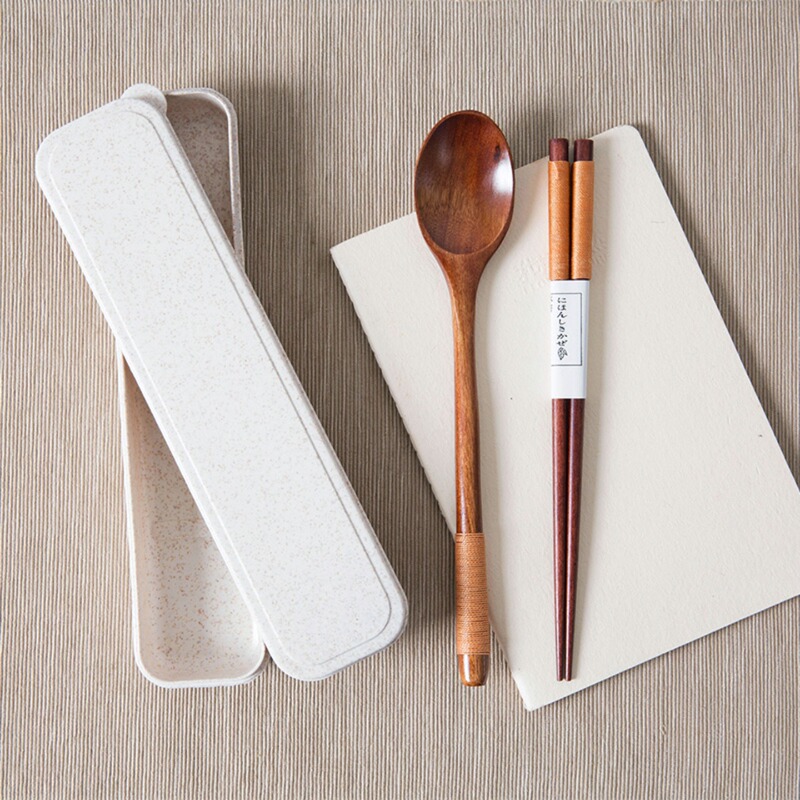Portable Wooden Spoon and Chopstick Storage Box, Three-Piece Set, Household Long-Handled Small Spoon Cutlery Box Set J