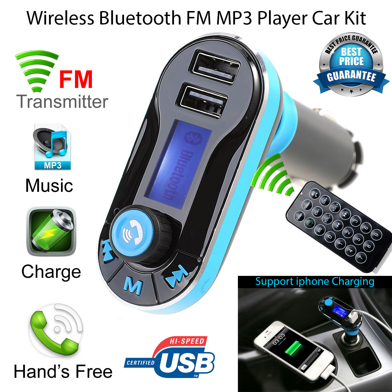Car MP3 Player Bluetooth Speakerphone Car Cigarette Lighter Dual USB Car Charger