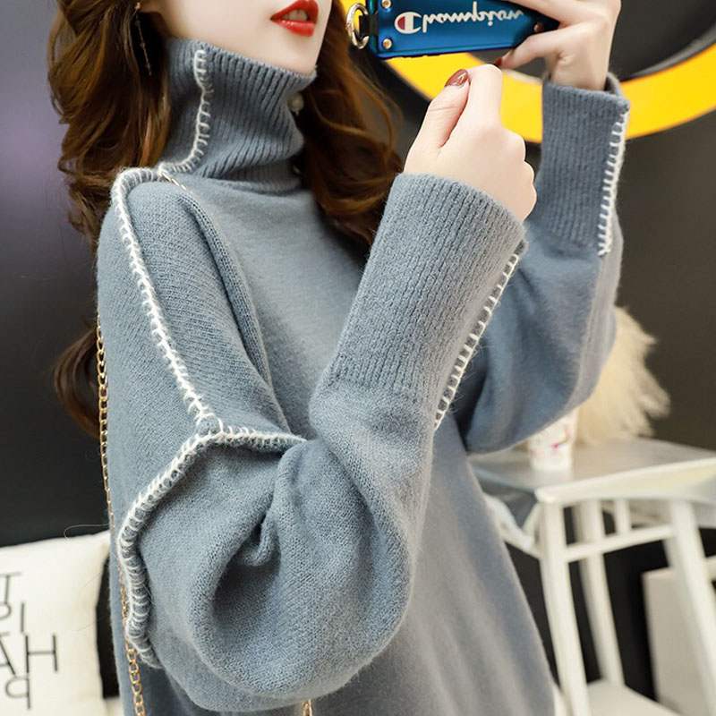 Hong Kong Tide Cards Thickened High Collar Sweater Women Loose 100 Hitch Lazy Wind Blouses Bottom Jersey Autumn Winter 2021 New