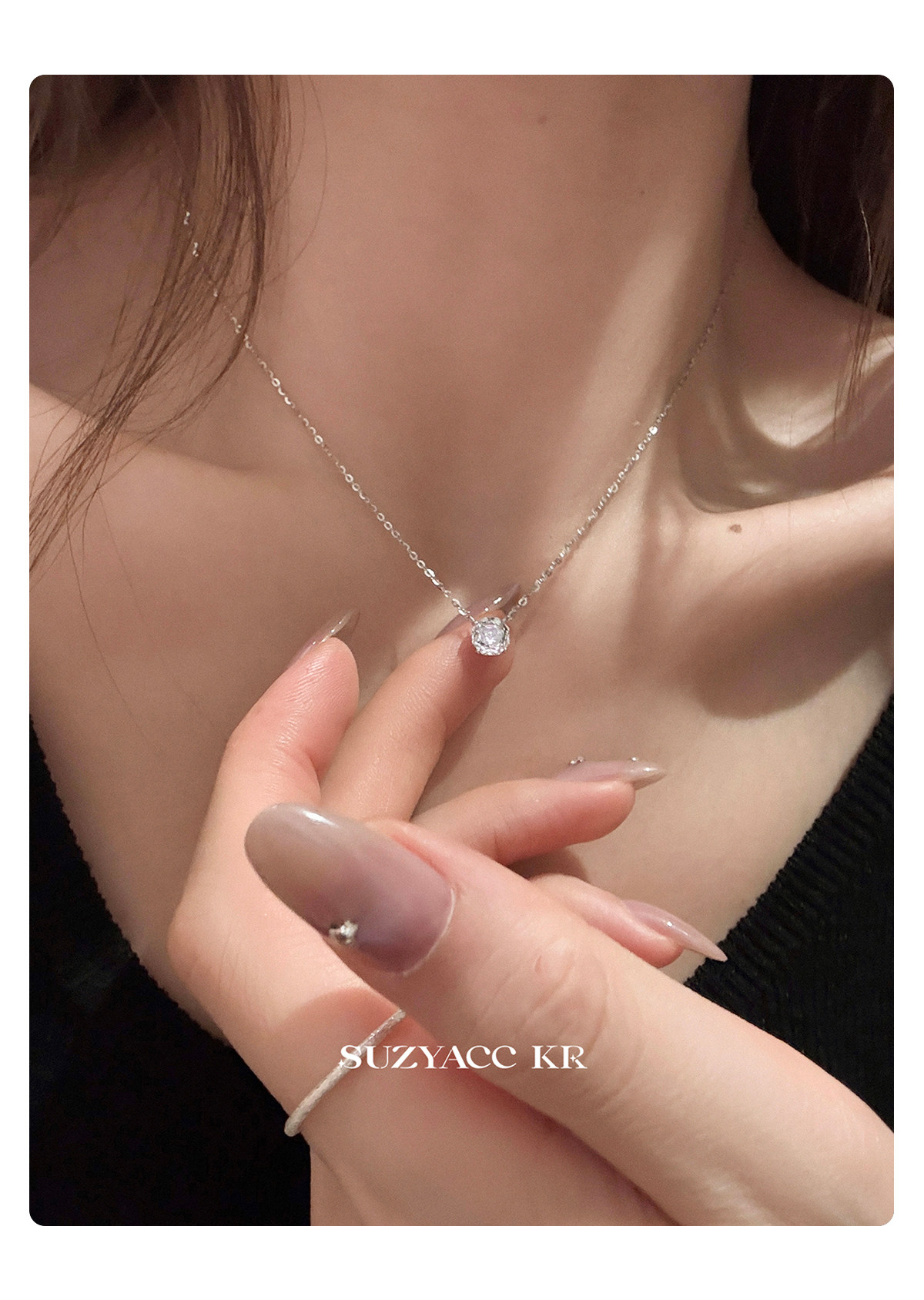 Серебряное ожерелье suzyacc kr玫瑰花切合成锆石项链纯银锁骨链女2025新复古小众颈链