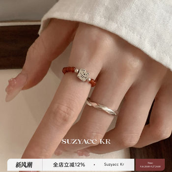 Suzyacc kr red agate sterling silver lucky cat ring chinese retro niche index finger ring versatile whitening ring