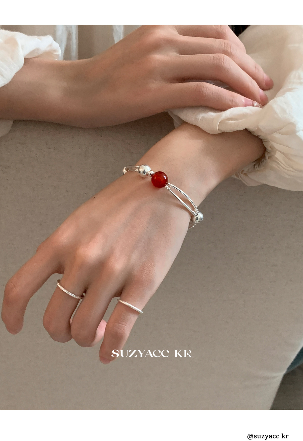 银饰手链 suzyacc kr轻奢简约红玛瑙纯银双层手链女早秋复古气质高级感手饰