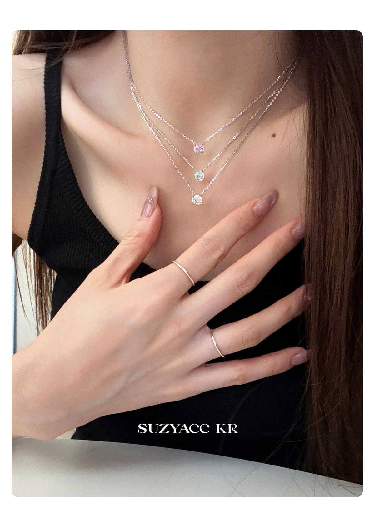 Серебряное ожерелье suzyacc kr玫瑰花切合成锆石项链纯银锁骨链女2025新复古小众颈链