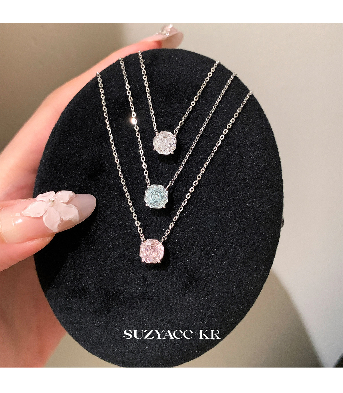 Серебряное ожерелье suzyacc kr玫瑰花切合成锆石项链纯银锁骨链女2025新复古小众颈链