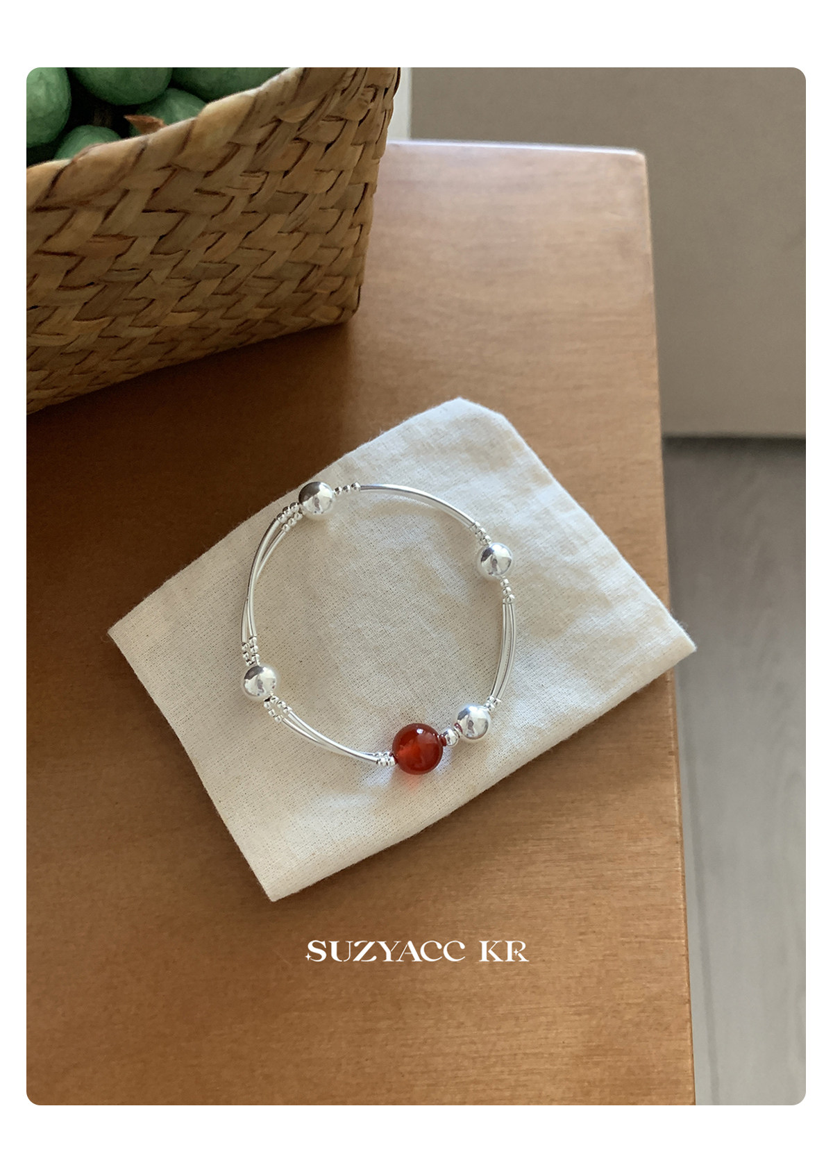 银饰手链 suzyacc kr轻奢简约红玛瑙纯银双层手链女早秋复古气质高级感手饰