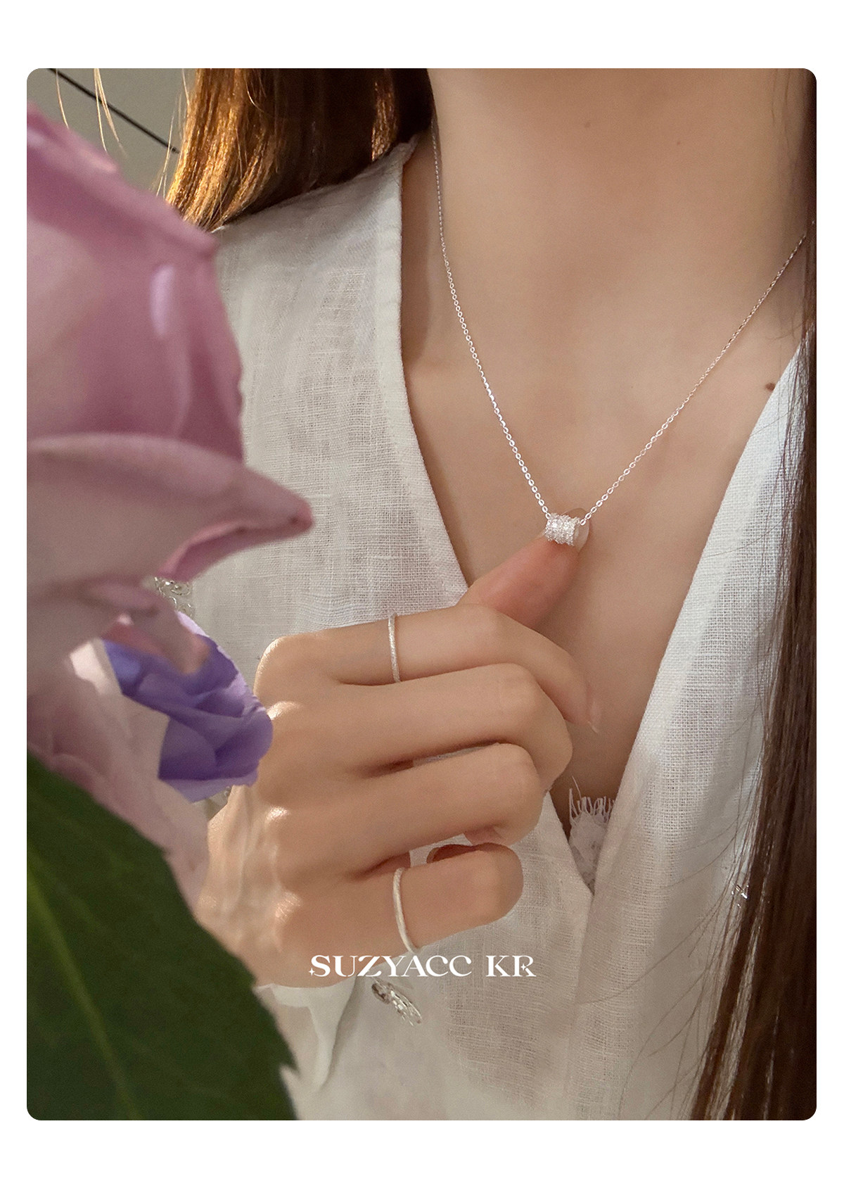 Серебряное ожерелье suzyacc kr小蛮腰闪钻纯银项链2025新款轻奢气质简约高级感毛衣链