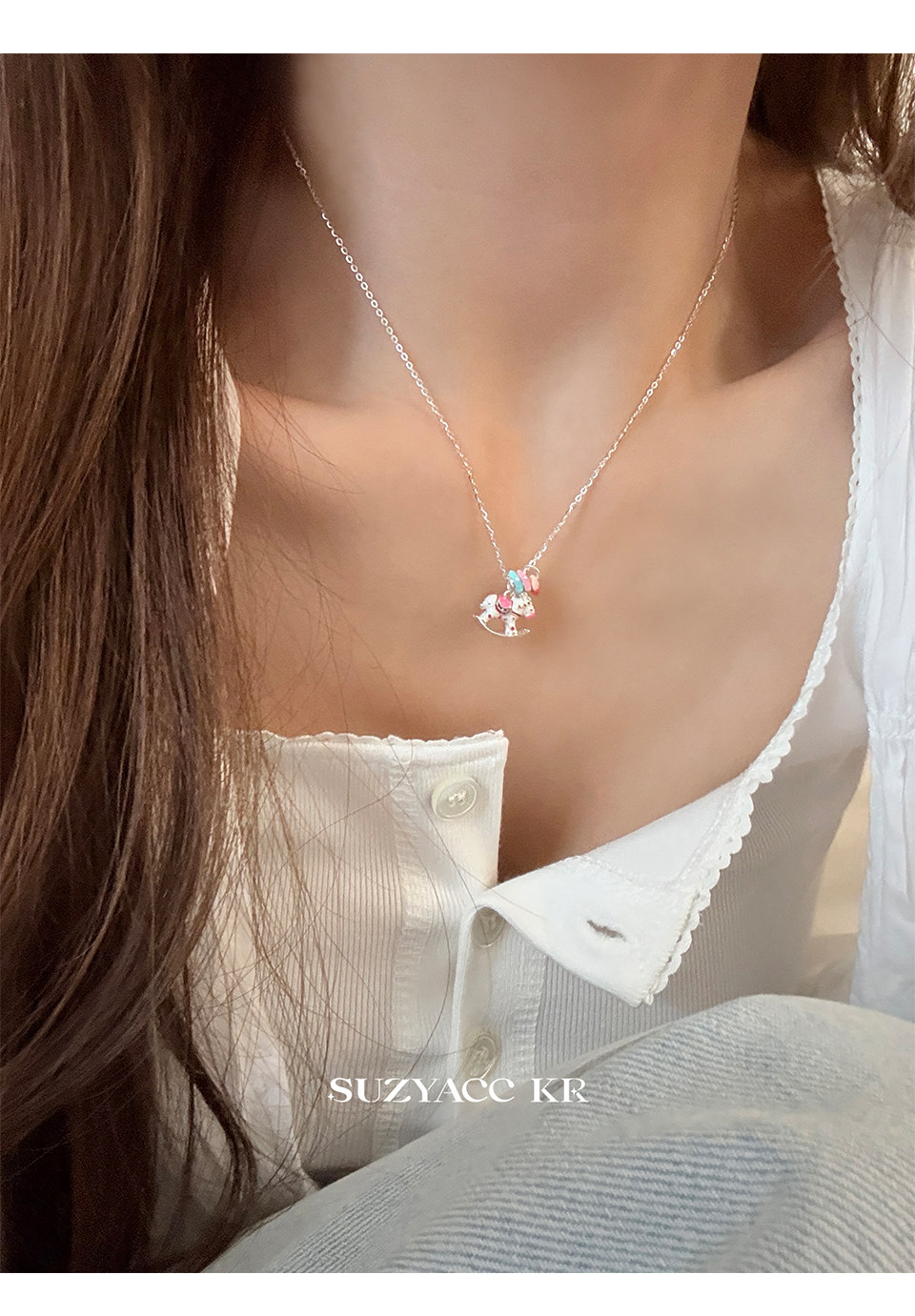 Серебряное ожерелье suzyacc kr纯银滴釉彩色木马吊坠项链百搭高级感轻奢小众锁骨链女