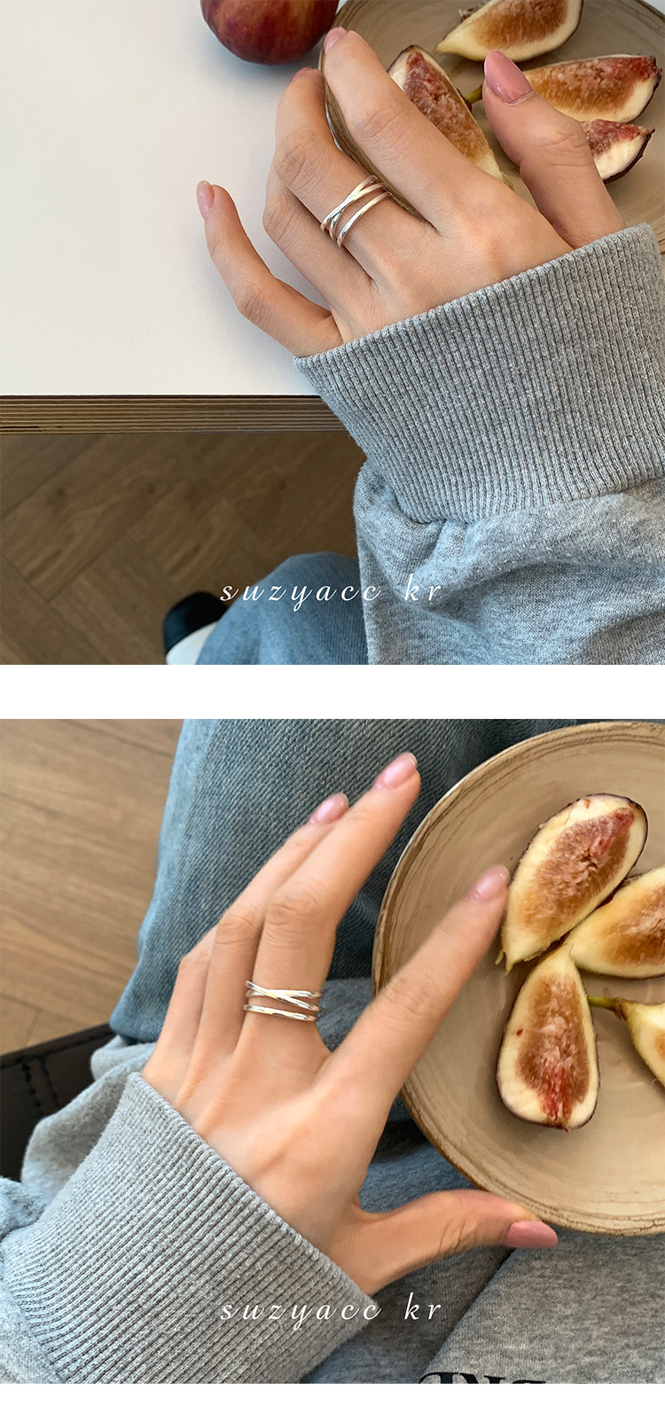银饰戒指 suzyacc kr韩国简约小众设计感纯银交叉戒指时尚个性食指戒可调节