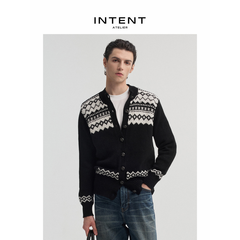 Intent Snowflake Island Nordic Chunky Knit Cardigan Fair Isle Wool Blend Sweater Knitwear
