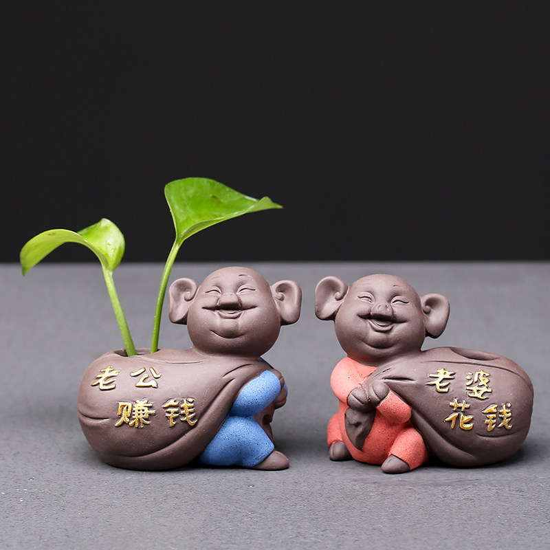 Tea darling can raise cute little pig husband to make money wife flower purple sand pendulum piece mini-flower-ware creative hydropony tea to play