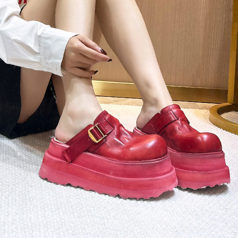 Thick-Soled Women's Shoes 2026 New Style Closed-Toe Half-Slipper Red Genuine Leather Large-Toe Women's Shoes for Outdoor Wear Comfortable Lightweight Height-Increasing Slippers