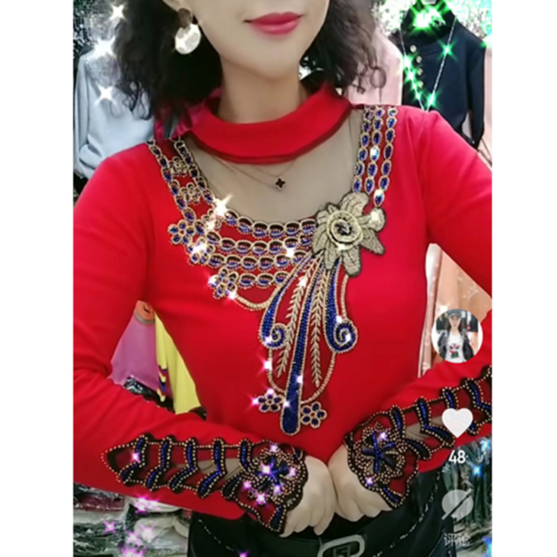 T-shirt 2022 spring and autumn new fashion small shirt large size is thin, hot, drilled, elastic, slim, long-sleeved, inner wear, women's plus velvet