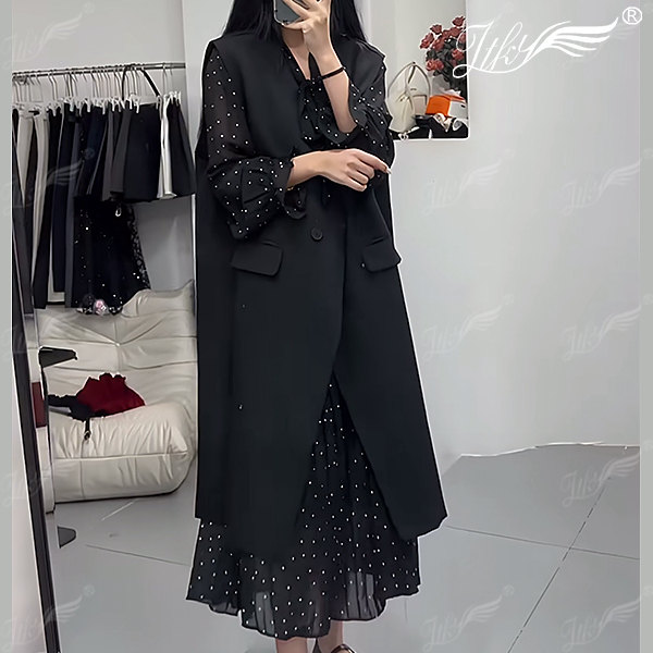 Korean Style Loose Long Skirt Suit, Mid-Length Suit Vest Jacket + Elegant Polka Dot Dress, Stylish Two-Piece Set