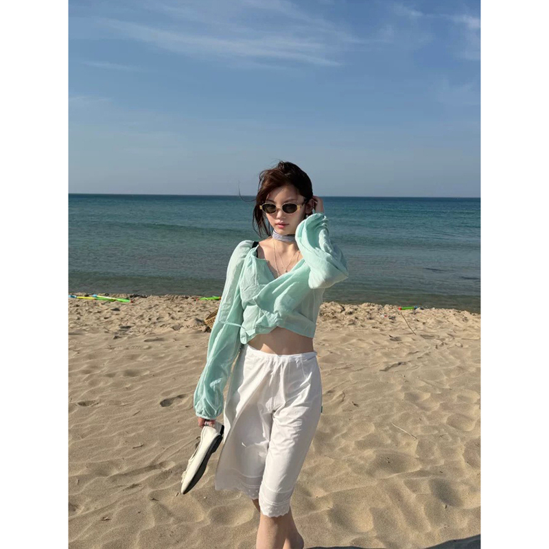 Fan Sun·Sc Korean Style Drawstring Hem Shirt Dongdaemun Summer New Solid Color Round Neck Sun Protection Top for Women Fan Sun·Sc Korean Style Drawstring Hem Shirt Dongdaemun Summer New Solid Color Round Neck Sun Protection Top for Women
