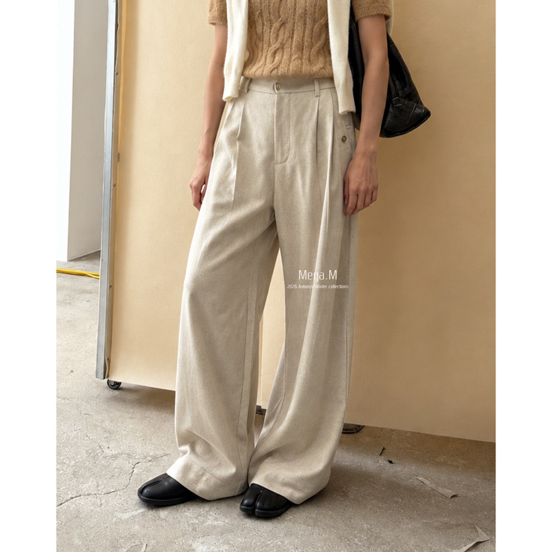 Margaret Wool Pleated Wide-Leg Trousers 2026 Autumn/Winter Korean Style Simple Versatile Straight-Leg Casual Pants 03166