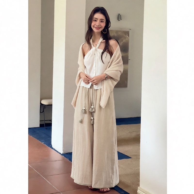 Margemeng Tassel Drawstring Elastic Waist Pure Cotton Floor-Length Pants Spring/Summer New Wide-Leg Casual Pants for Women