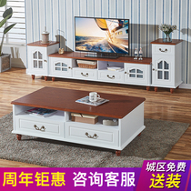 Coffee table TV cabinet combination white modern simple Mediterranean living room floor cabinet home TV cabinet high and low cabinet