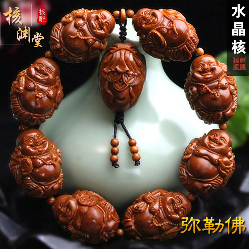 Olive core carving red crystal core Su Gong famous artist pure hand carved eight treasure Maitreya Buddha olive Huwen play bracelet