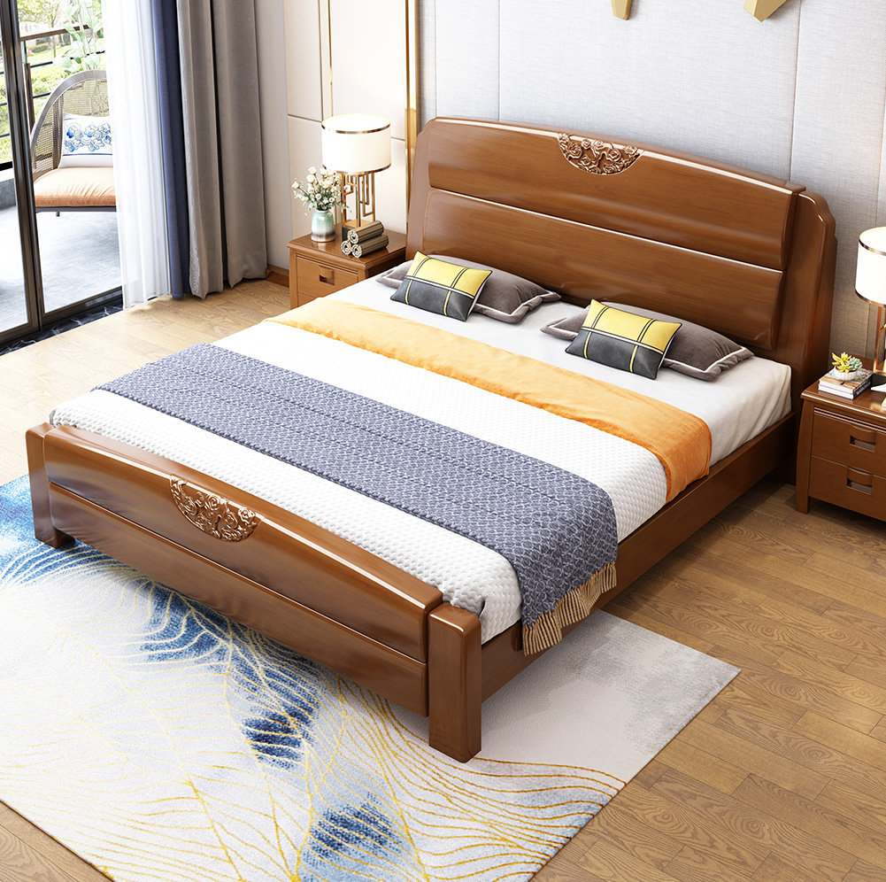 Chinese solid wood bed 1 8 meters 1 5 meters Modern simple master bedroom wedding bed Single double bed Economical adult storage bed