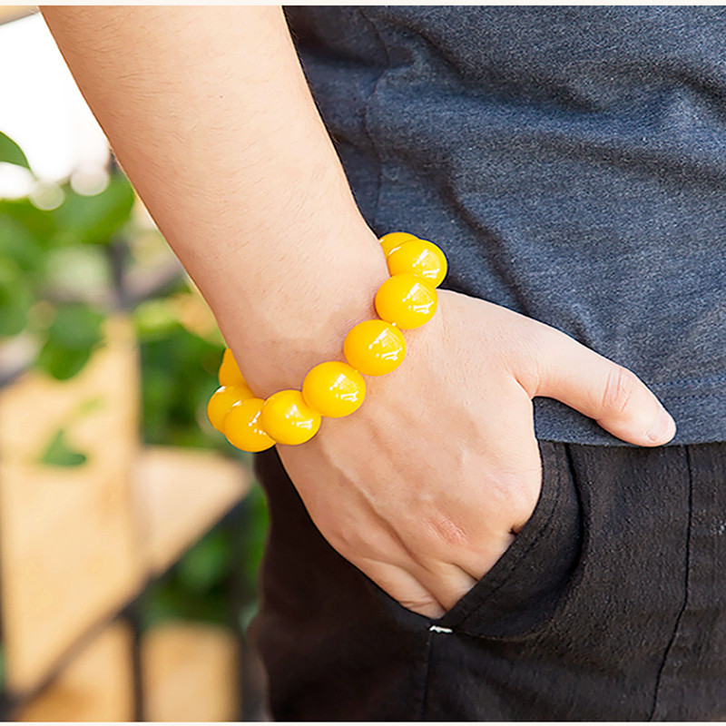 Amber Beeswax Bracelet Single Circle Bracelet for Women, Natural Chicken Oil Yellow Old Honey Round Beads, Full Honey Chicken Oil Beads for Men