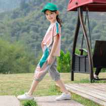 Girls summer suit 2021 New Korean version of childrens dress foreign style Net red 12-year-old girl short sleeve sports two-piece set