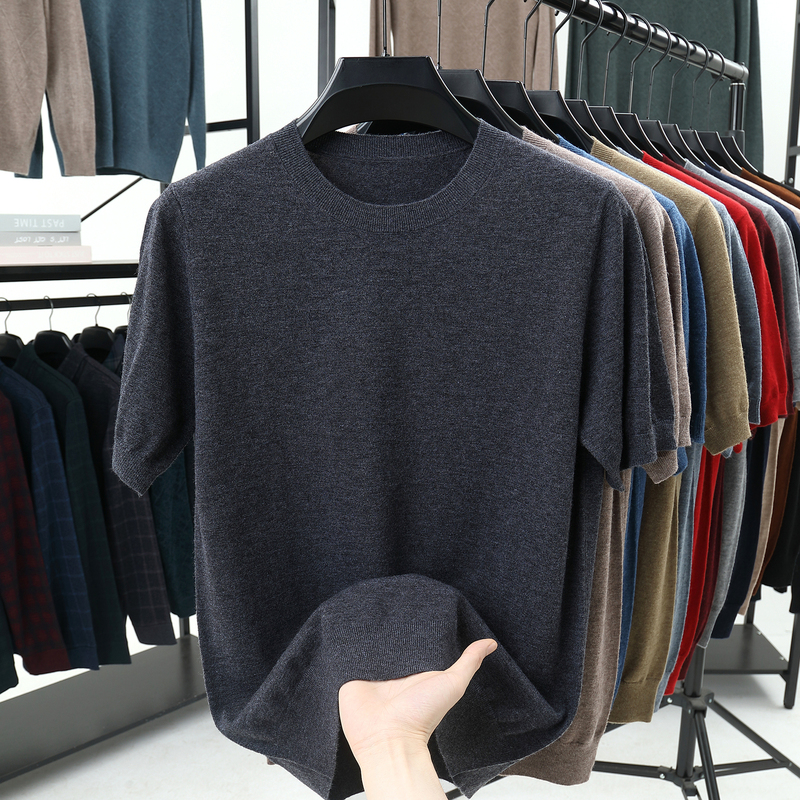 【100% Australian Merino Wool】16-Gauge Thin Low Round Neck Short-Sleeve Wool Knit Half-Sleeve Sweater